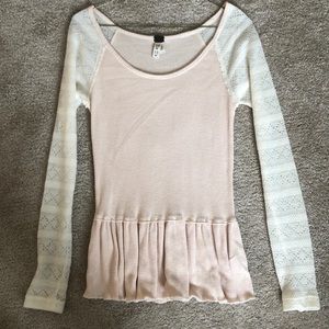 Free People Pink & White Henley with Peplum